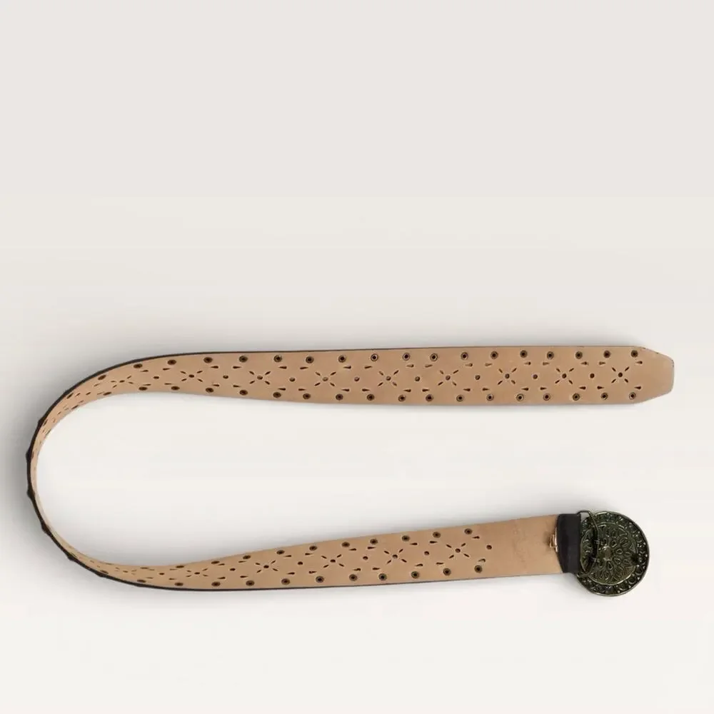 Sonoma Brown Wide Leather Belt Western Style Studded Brass & Cutout Detail
